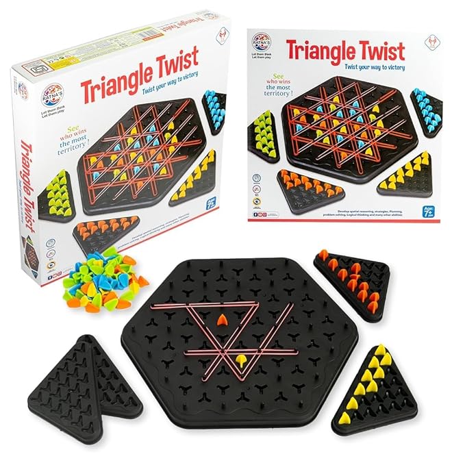 Ratna's Triangle Twist Strategy Board Game 2-4 Players, for Adults and Kids with Rubber Bands for Ages 7+ Years
