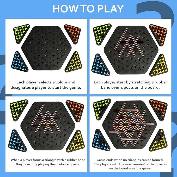 Ratna's Triangle Twist Strategy Board Game 2-4 Players, for Adults and Kids with Rubber Bands for Ages 7+ Years