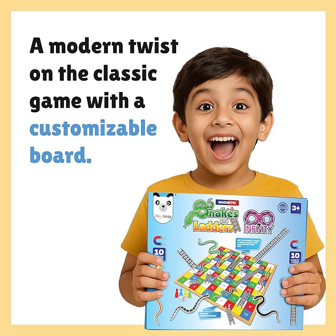 PLAY PANDA Magnetic Snakes and Ladders Infinity Big Customizable Board Game for Kids Family Indoor Game 2-4 Players 9x9 inch