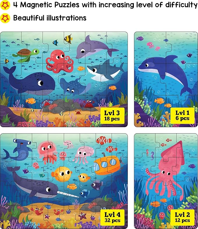 Play Panda Magnetic Jigsaw Puzzles Aquatic Animals Activity Box with 4 Magnetic Puzzles Magnetic Board Learn to Draw 100 Gk Facts Book Kid