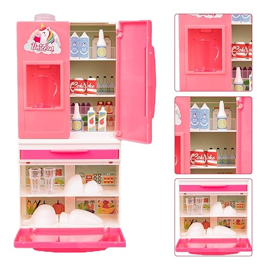 Ratna’s Unicorn Plastic Mini Fridge – Double Door Role Play Toy with Working Water Dispenser (No Battery)