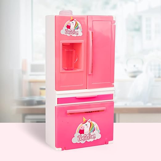 Ratna’s Unicorn Plastic Mini Fridge – Double Door Role Play Toy with Working Water Dispenser (No Battery)