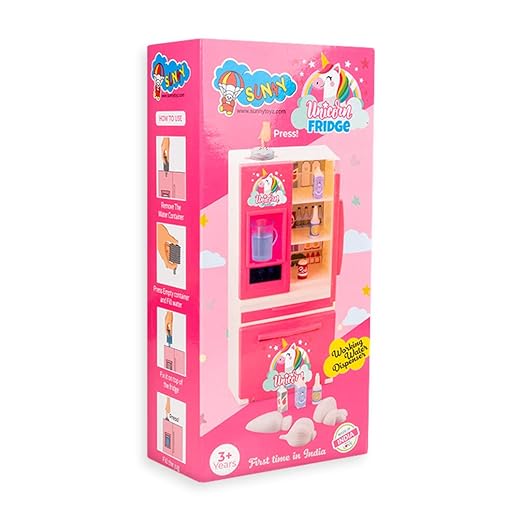 Ratna’s Unicorn Plastic Mini Fridge – Double Door Role Play Toy with Working Water Dispenser (No Battery)