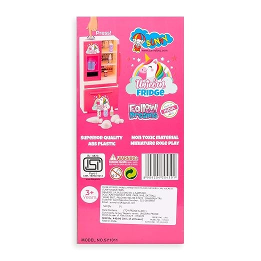 Ratna’s Unicorn Plastic Mini Fridge – Double Door Role Play Toy with Working Water Dispenser (No Battery)