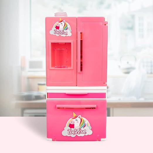 Ratna’s Unicorn Plastic Mini Fridge – Double Door Role Play Toy with Working Water Dispenser (No Battery)