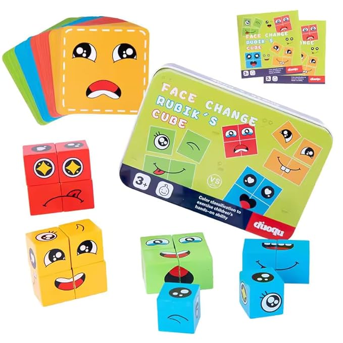 Face Changing Magic Cube – 16 Wooden Puzzles & 72 Cards Emoji Expression Game
