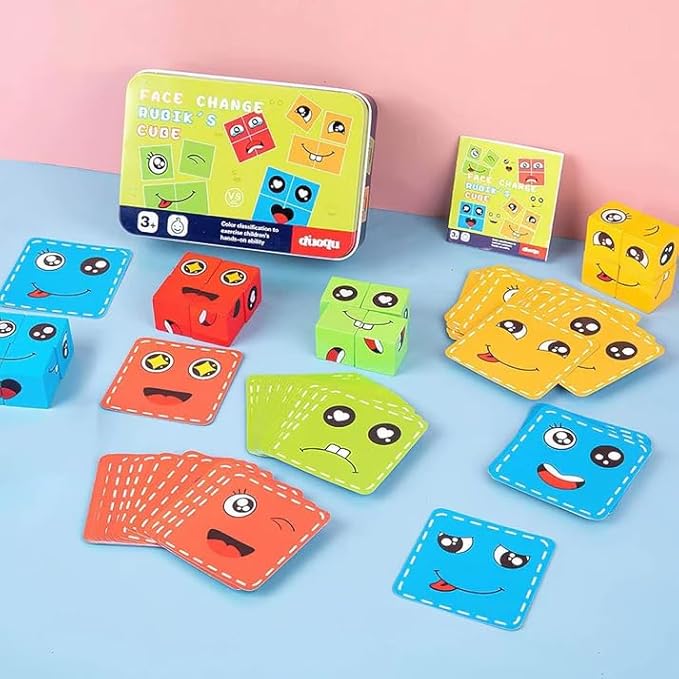 Face Changing Magic Cube – 16 Wooden Puzzles & 72 Cards Emoji Expression Game