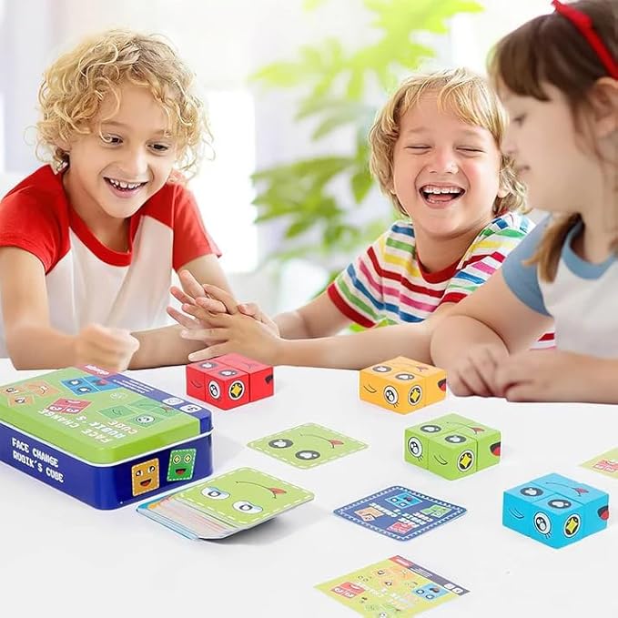 Face Changing Magic Cube – 16 Wooden Puzzles & 72 Cards Emoji Expression Game