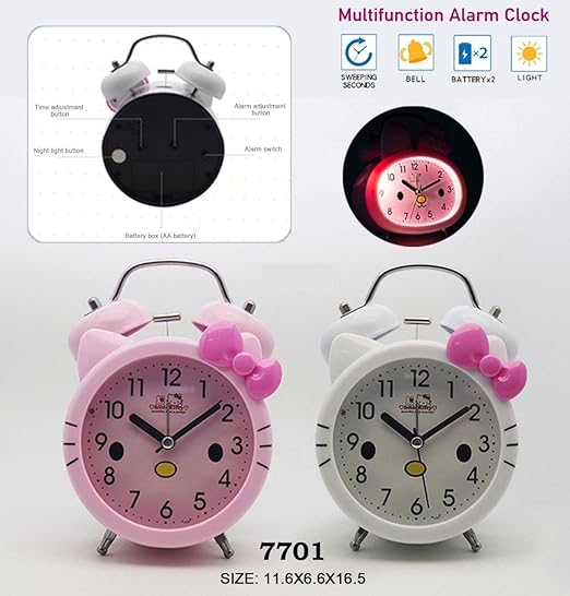 Kitty Twin Bell Alarm Clock with Light – Cute Table Clock for Kids