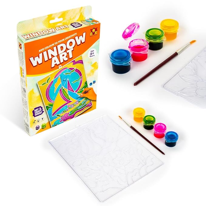 Window Art Glass Painting Kit – Paint Brush & 4 Colours Set – Kids Ages 3+