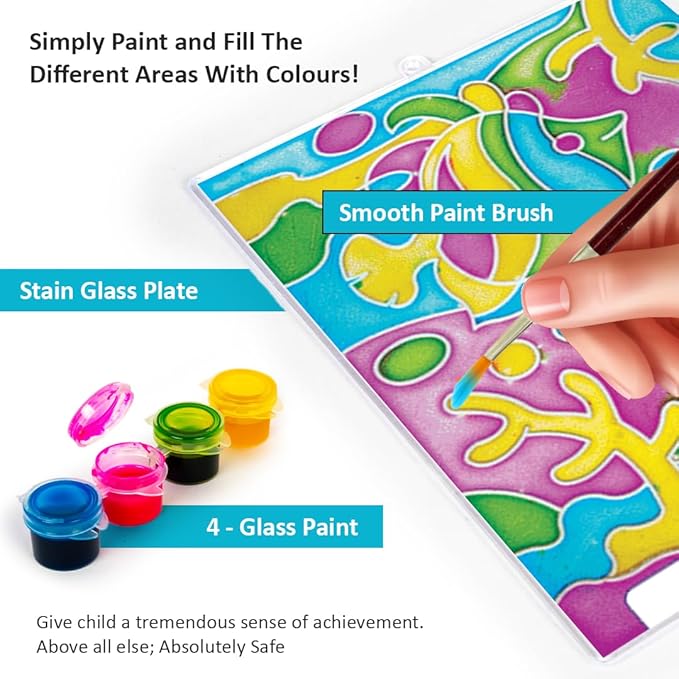 Window Art Glass Painting Kit – Paint Brush & 4 Colours Set – Kids Ages 3+