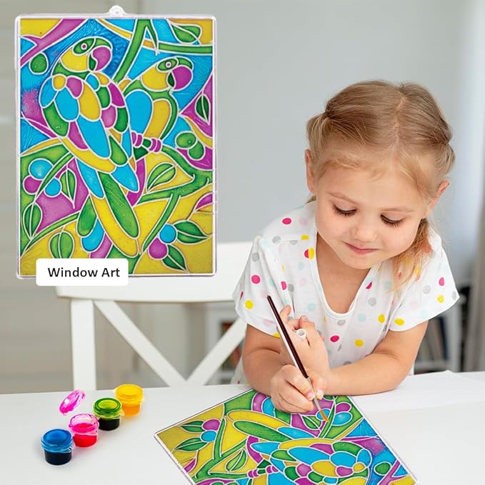 Window Art Glass Painting Kit – Paint Brush & 4 Colours Set – Kids Ages 3+