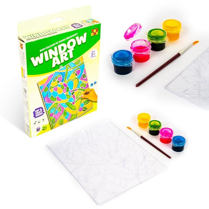 Window Art Glass Painting Kit – Paint Brush & 4 Colours Set – Kids Ages 3+
