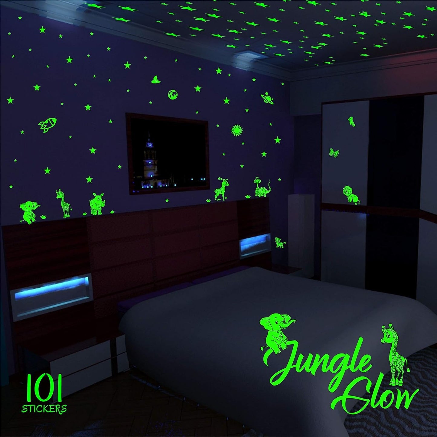 Jungle Theme Glow-in-the-Dark Wall Stickers – Night Décor – Pack of 4 Sheets