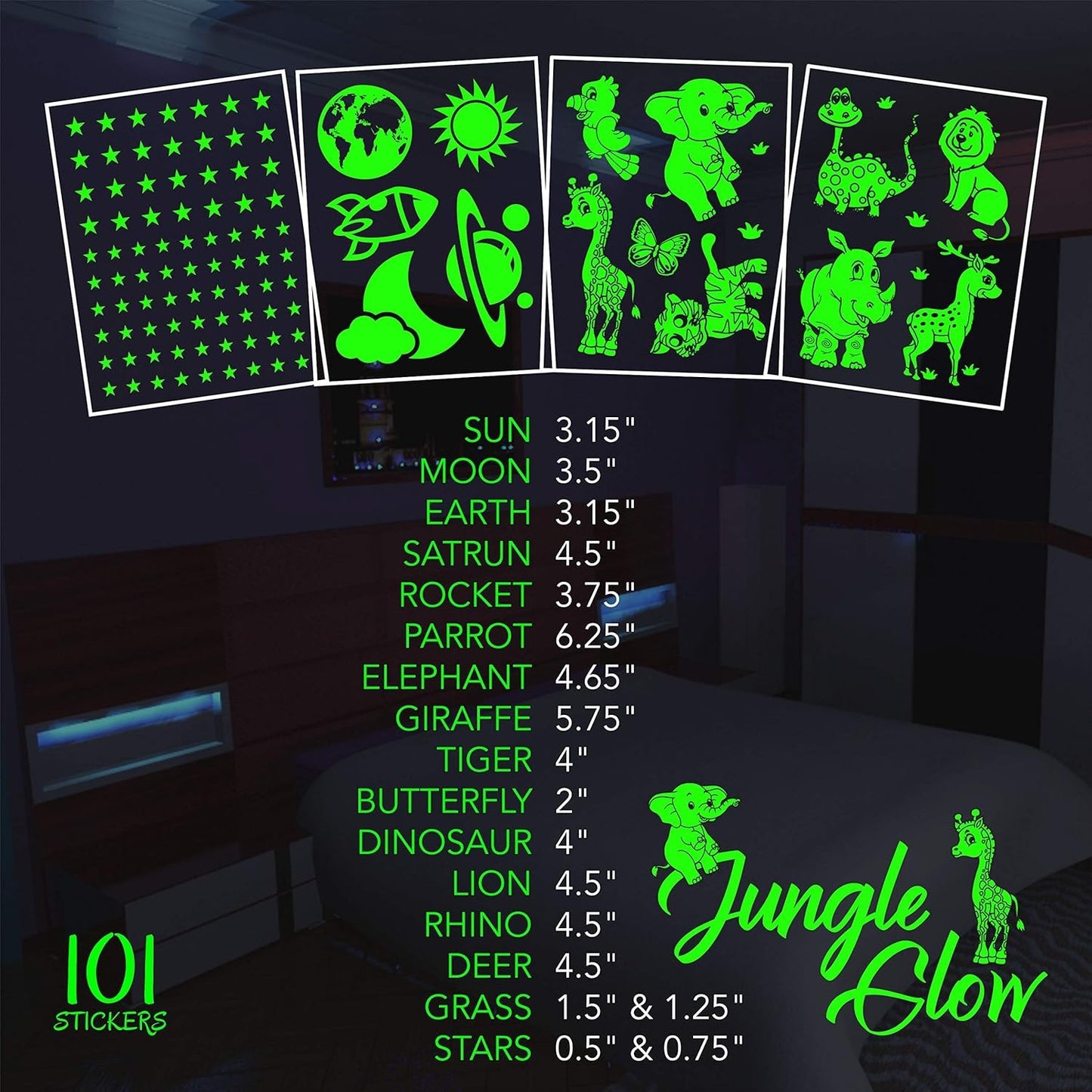 Jungle Theme Glow-in-the-Dark Wall Stickers – Night Décor – Pack of 4 Sheets