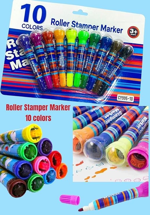 2-in-1 Roller Stamp Marker Pens – Pack of 10 Fun DIY & Colouring Markers for Kids