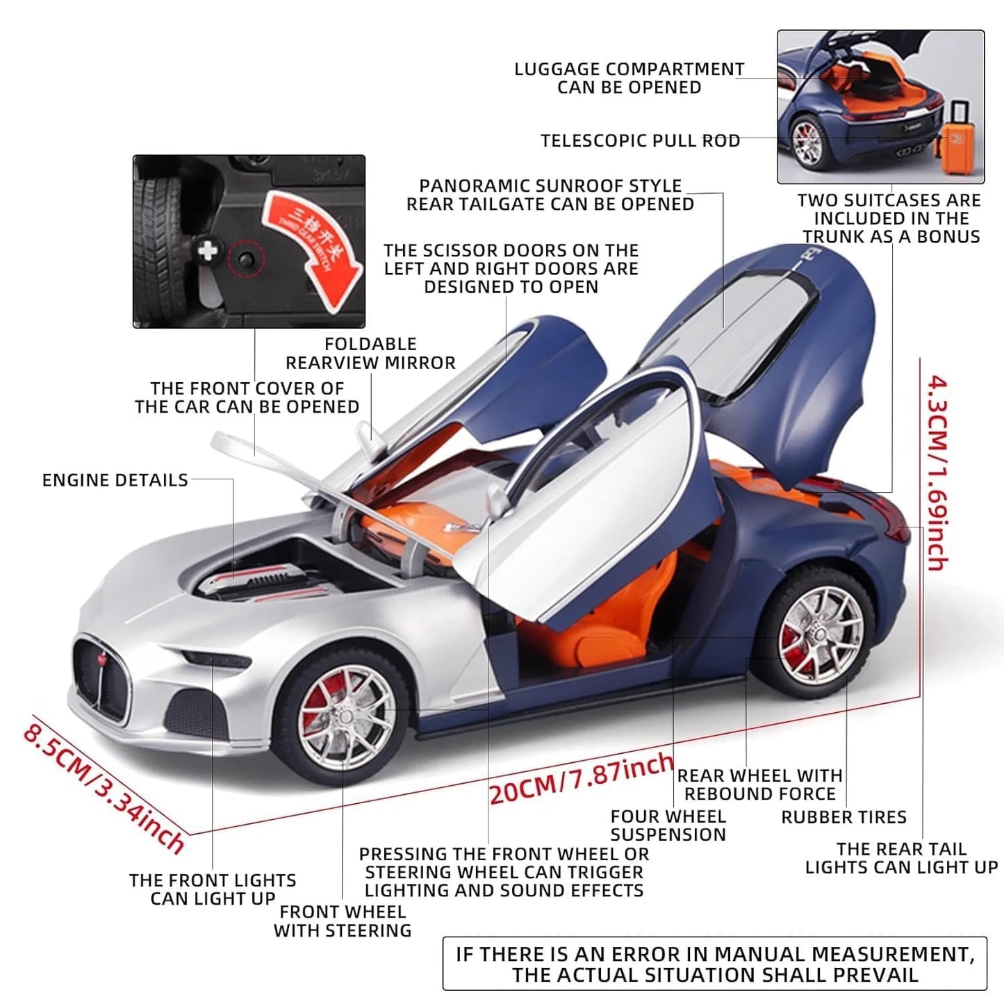 Bugatti Die-Cast SUV Model Car – Pull-Back Toy with Lights & Sound (Grey)