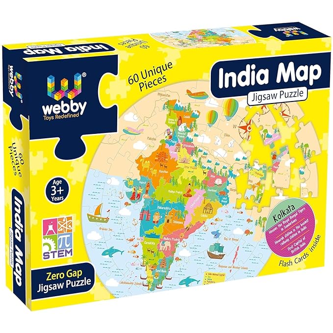 Webby Amazing India Map Jigsaw Floor Puzzle with Double Sided Flashcard - 60 pcs