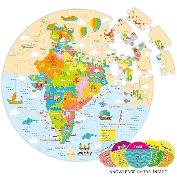 Webby Amazing India Map Jigsaw Floor Puzzle with Double Sided Flashcard - 60 pcs
