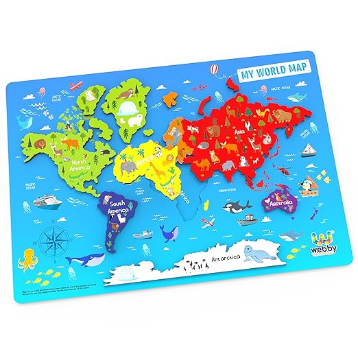 Webby Wooden World Map Puzzle Board – Educational Learning Toy for Kids