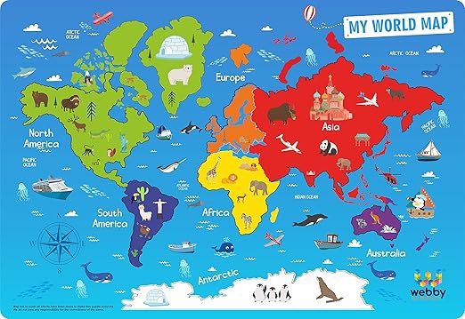 Webby Wooden World Map Puzzle Board – Educational Learning Toy for Kids