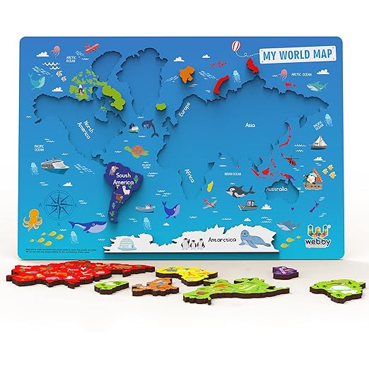 Webby Wooden World Map Puzzle Board – Educational Learning Toy for Kids