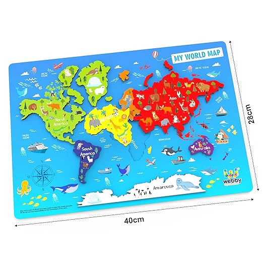 Webby Wooden World Map Puzzle Board – Educational Learning Toy for Kids
