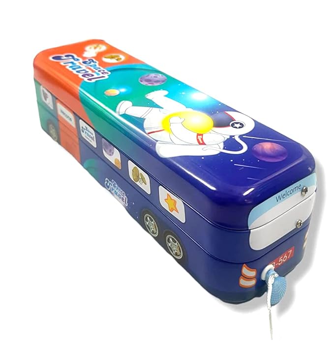 School Bus Pencil Box – Cartoon Space Travel Theme, Pull-Back Wheels, Metal Geometry Box