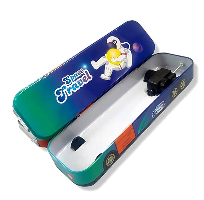 School Bus Pencil Box – Cartoon Space Travel Theme, Pull-Back Wheels, Metal Geometry Box