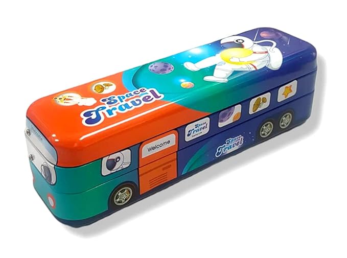 School Bus Pencil Box – Cartoon Space Travel Theme, Pull-Back Wheels, Metal Geometry Box