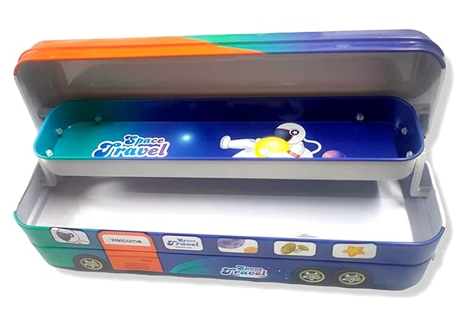 School Bus Pencil Box – Cartoon Space Travel Theme, Pull-Back Wheels, Metal Geometry Box