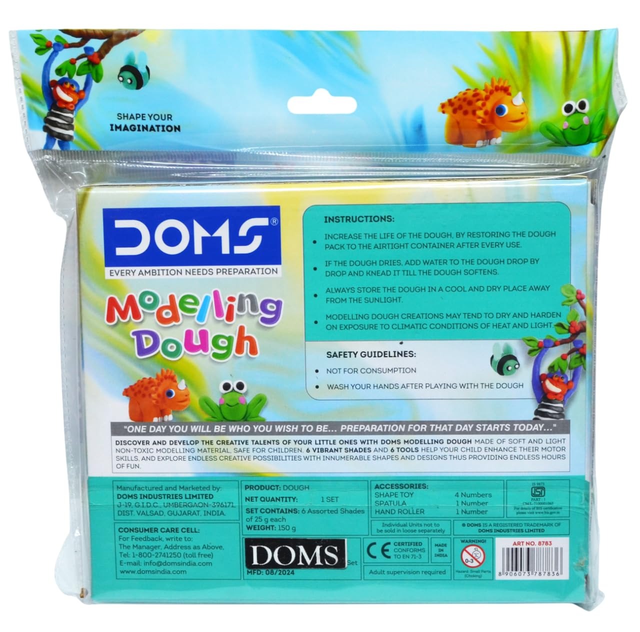 DOMS Modelling Dough – 6 Shades (150g) | Safe & Non-Toxic | Fun DIY Art & Craft Kit for Kids | Includes 6 Dough Shades, 4 Shape Cutters, 1 Roller & 1 Spatula
