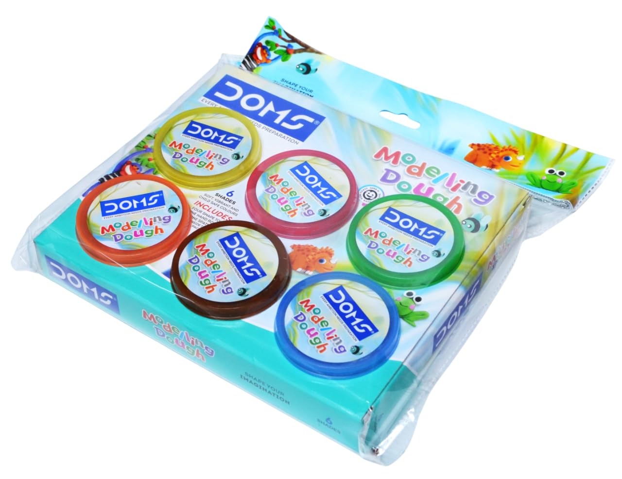 DOMS Modelling Dough – 6 Shades (150g) | Safe & Non-Toxic | Fun DIY Art & Craft Kit for Kids | Includes 6 Dough Shades, 4 Shape Cutters, 1 Roller & 1 Spatula