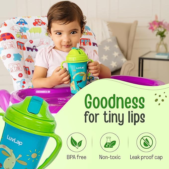 LuvLap Tiny Giffy Sipper – 300ml Anti-Spill Sippy Cup with Soft Silicone Straw, Green, BPA-Free, Suitable for Infants & Toddlers 18 Months+