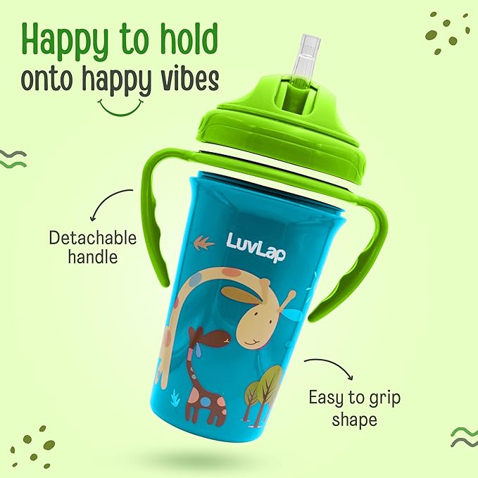 LuvLap Tiny Giffy Sipper – 300ml Anti-Spill Sippy Cup with Soft Silicone Straw, Green, BPA-Free, Suitable for Infants & Toddlers 18 Months+