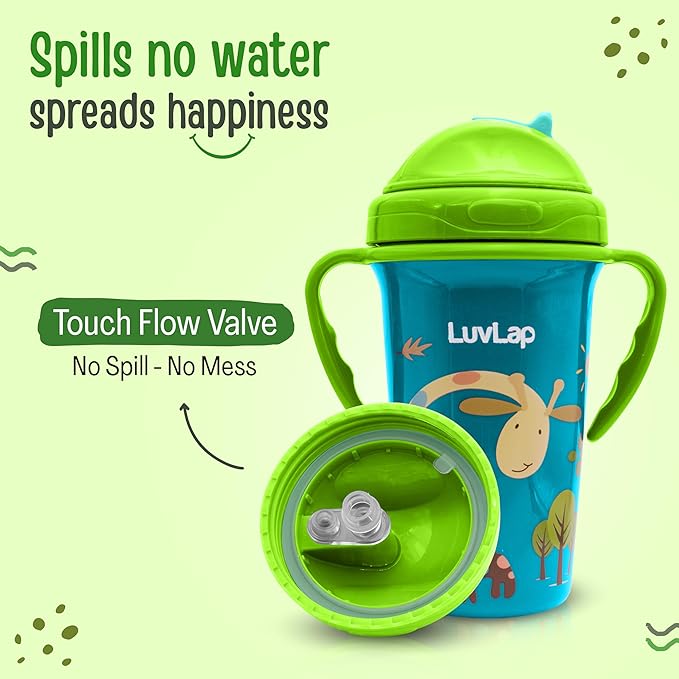 LuvLap Tiny Giffy Sipper – 300ml Anti-Spill Sippy Cup with Soft Silicone Straw, Green, BPA-Free, Suitable for Infants & Toddlers 18 Months+