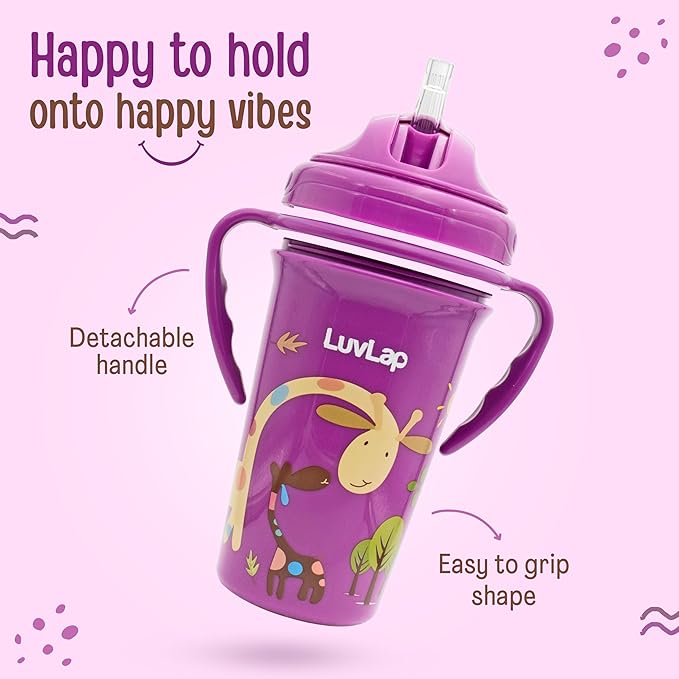 LuvLap Tiny Giffy Sipper – 300ml Anti-Spill Sippy Cup with Soft Silicone Straw, Purple, BPA-Free, Suitable for Infants & Toddlers 18 Months+