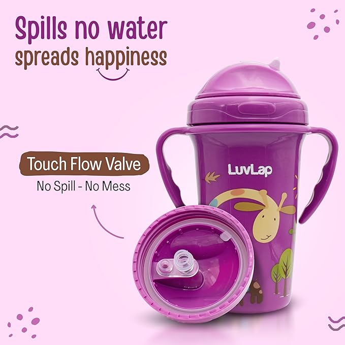 LuvLap Tiny Giffy Sipper – 300ml Anti-Spill Sippy Cup with Soft Silicone Straw, Purple, BPA-Free, Suitable for Infants & Toddlers 18 Months+