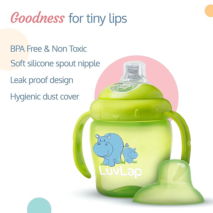 LuvLap Hippo Spout Sipper – 225ml, Anti-Spill Sippy Cup with Soft Silicone Spout, BPA-Free, with Handles, Green, 6 Months+