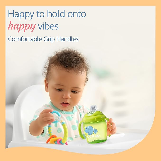 LuvLap Hippo Spout Sipper – 225ml, Anti-Spill Sippy Cup with Soft Silicone Spout, BPA-Free, with Handles, Green, 6 Months+