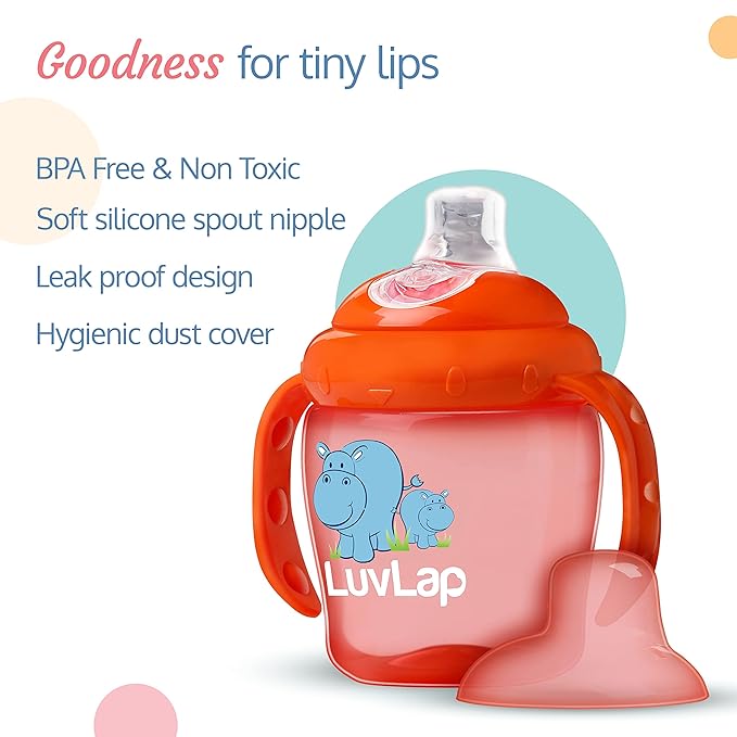 LuvLap Hippo Spout Sipper – 225ml, Anti-Spill Sippy Cup with Soft Silicone Spout, BPA-Free, with Handles, Orange, 6 Months+