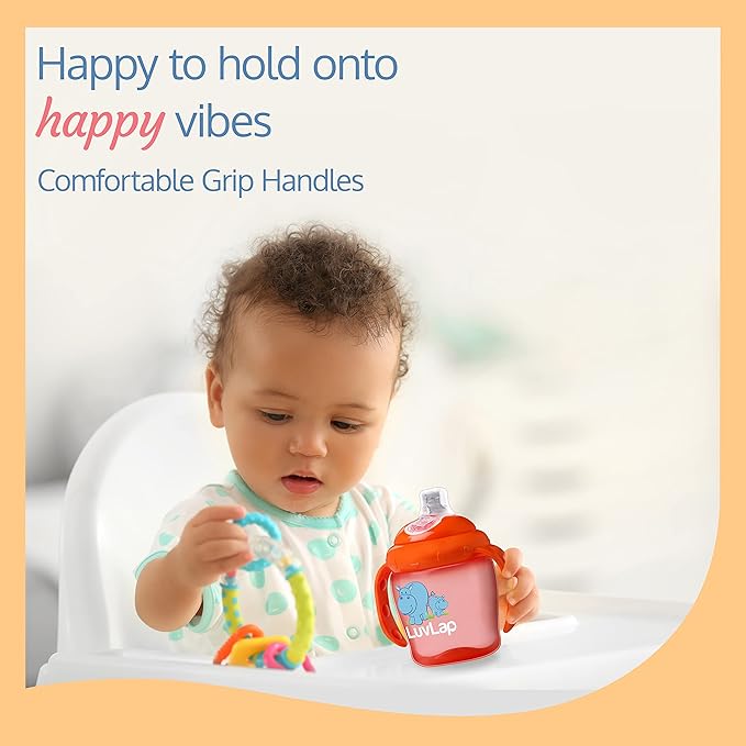 LuvLap Hippo Spout Sipper – 225ml, Anti-Spill Sippy Cup with Soft Silicone Spout, BPA-Free, with Handles, Orange, 6 Months+