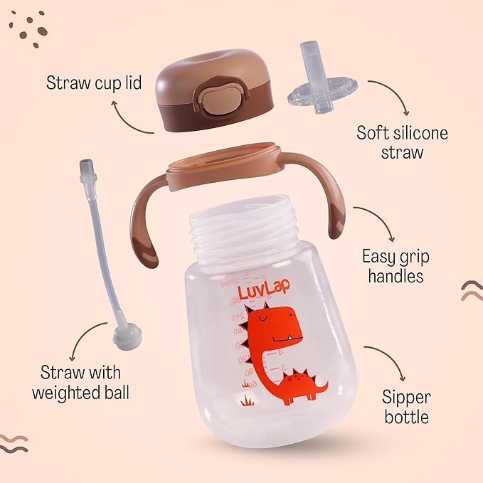 LuvLap Baby Bite Resistant Soft Silicone Straw Sipper Cup with Handle – 300ml, Brown, with Weighted Straw, Anti-Spill Lock, BPA-Free, for 6 Months+