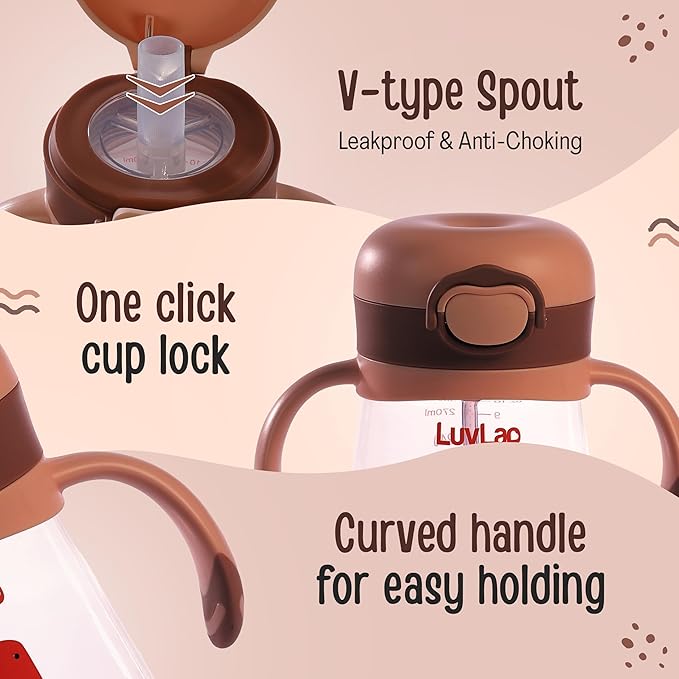 LuvLap Baby Bite Resistant Soft Silicone Straw Sipper Cup with Handle – 300ml, Brown, with Weighted Straw, Anti-Spill Lock, BPA-Free, for 6 Months+