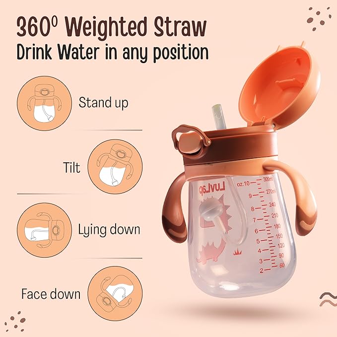 LuvLap Baby Bite Resistant Soft Silicone Straw Sipper Cup with Handle – 300ml, Brown, with Weighted Straw, Anti-Spill Lock, BPA-Free, for 6 Months+