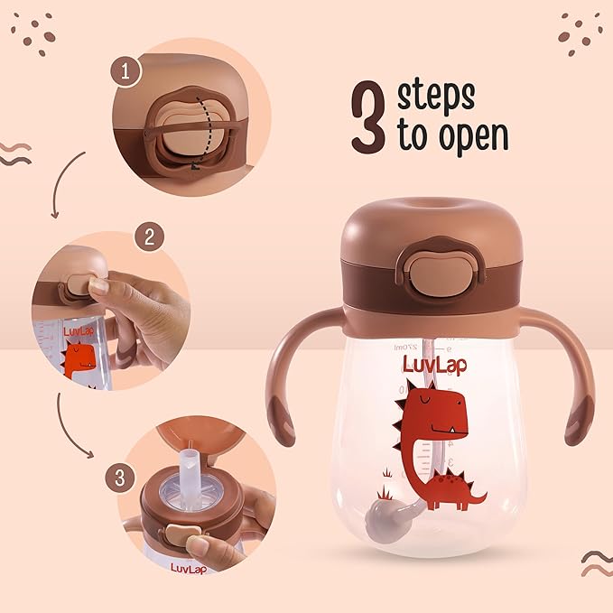 LuvLap Baby Bite Resistant Soft Silicone Straw Sipper Cup with Handle – 300ml, Brown, with Weighted Straw, Anti-Spill Lock, BPA-Free, for 6 Months+