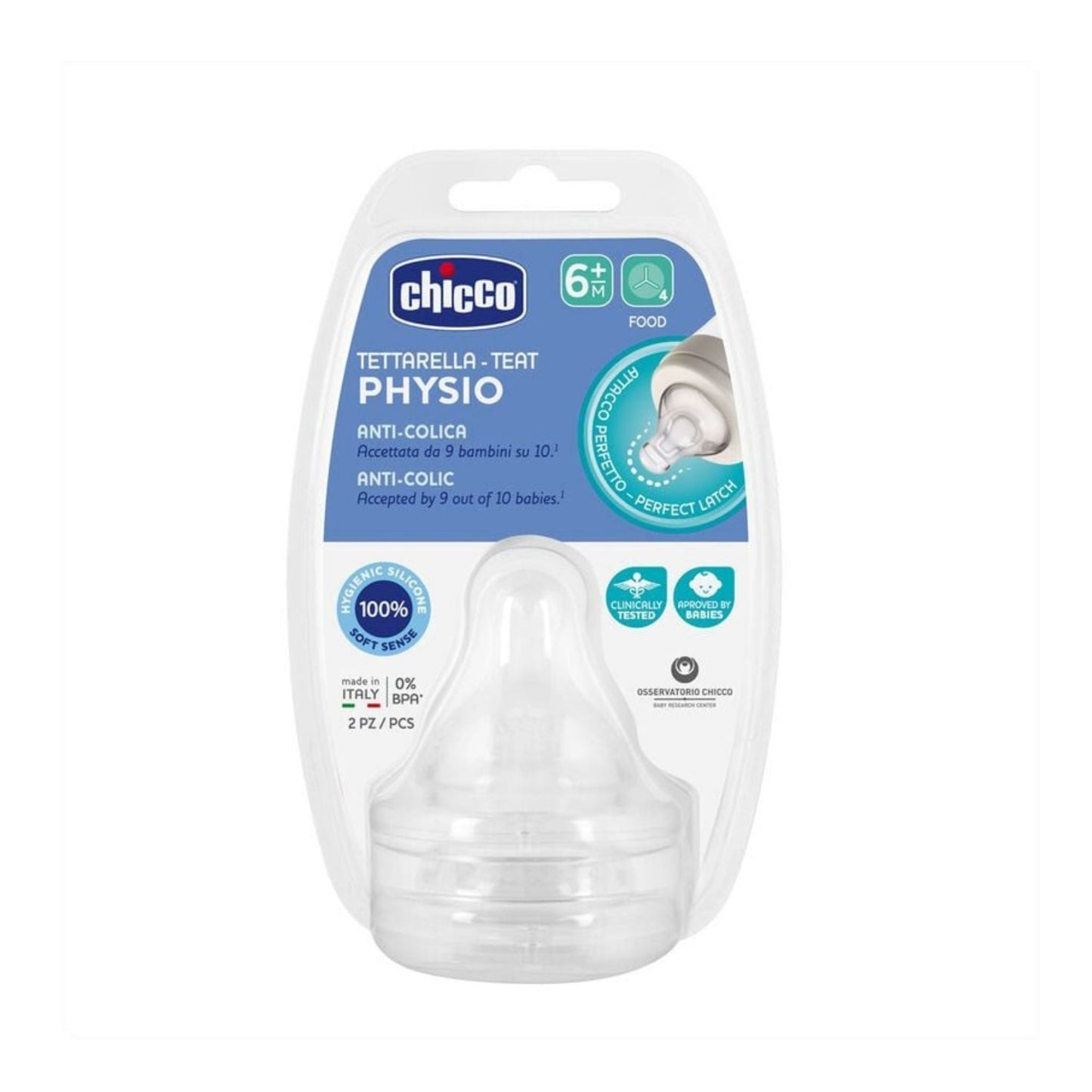 Chicco Physio Perfect 5 Teats – Smart Anti-Colic Food Flow Nipple for Wide Neck Bottles, Newborn 6M+ (Pack of 2)