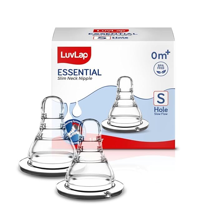 LuvLap Anti-Colic Essential Slow Flow Teat for Slim Neck Bottle – 2pcs, Soft Flexible Silicone, Ergonomic, Breastfeeding Mimic, Leak-Proof, BPA-Free with Sturdy Base, 0m+