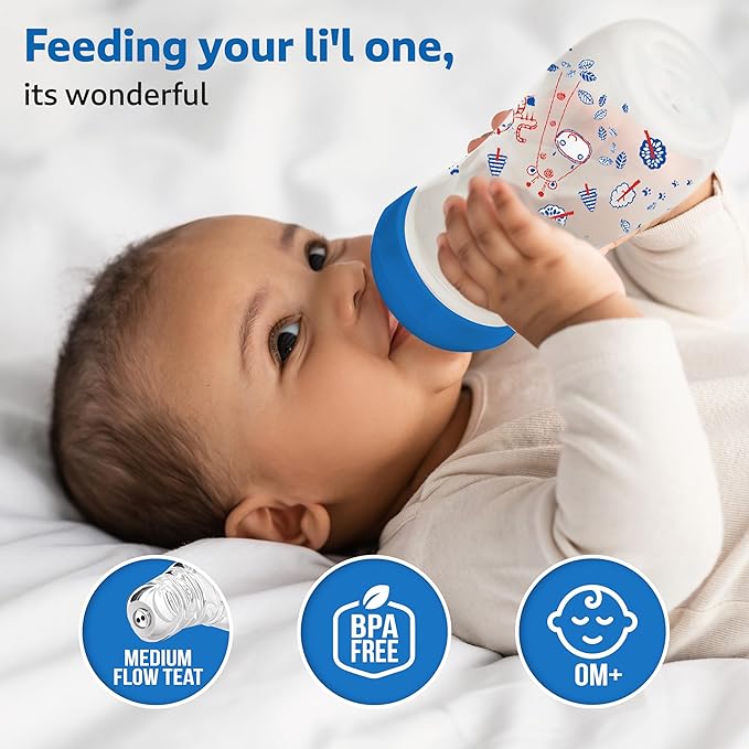 LuvLap Essential Slim Neck Feeding Bottle – 125ml, Jungle Tales Blue