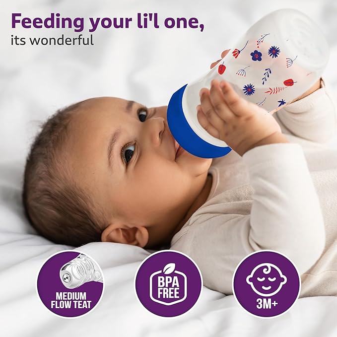 LuvLap Anti-Colic Wide Neck Natura Flo Baby Feeding Bottle – 250ml, Floral, BPA-Free, for Newborns & Toddlers up to 3 Years